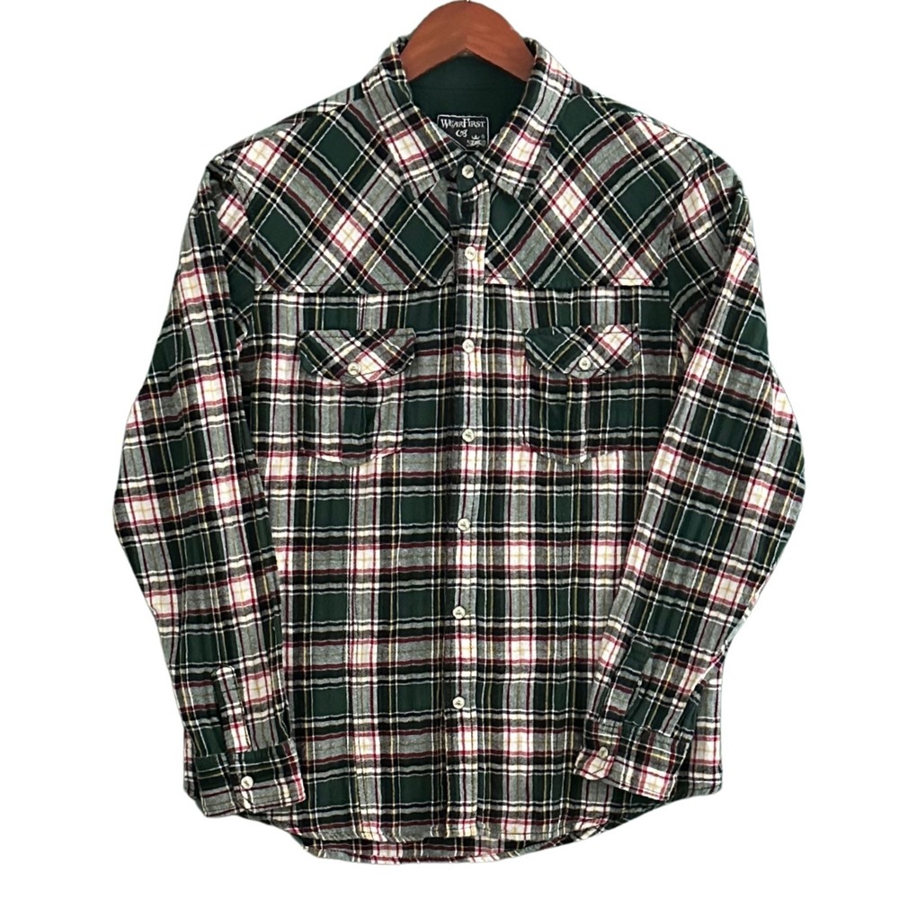 WearFirst Flannel Western Snap Shirt Mens L Green Plaid Button Down Long Sleeve